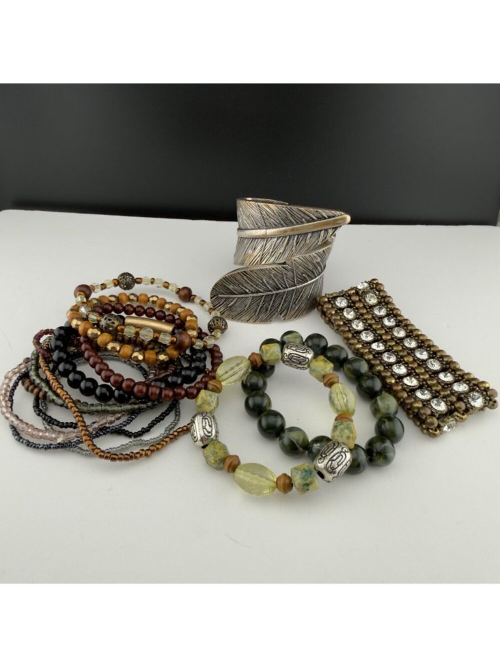 Boho Bracelet Lot Silver Tone Cuff Rhinestone Stretch Mixed Metals Stackable - Picture 2 of 16